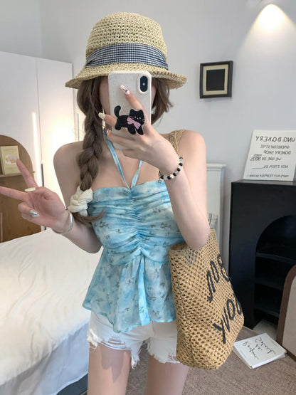 OOTDAY floral halter camisole, summer tie-back crop top, sweet girl knit tank, pink blue yellow camisole 2025, trendy slim-fit knit tops