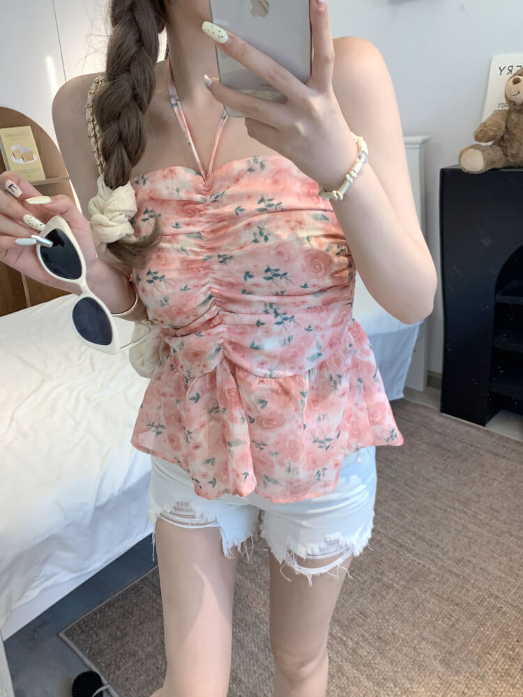 OOTDAY floral halter camisole, summer tie-back crop top, sweet girl knit tank, pink blue yellow camisole 2025, trendy slim-fit knit tops