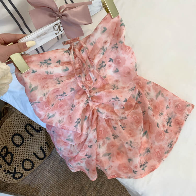 OOTDAY floral halter camisole, summer tie-back crop top, sweet girl knit tank, pink blue yellow camisole 2025, trendy slim-fit knit tops