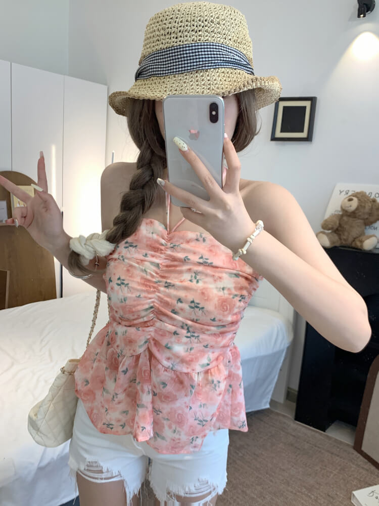 OOTDAY floral halter camisole, summer tie-back crop top, sweet girl knit tank, pink blue yellow camisole 2025, trendy slim-fit knit tops