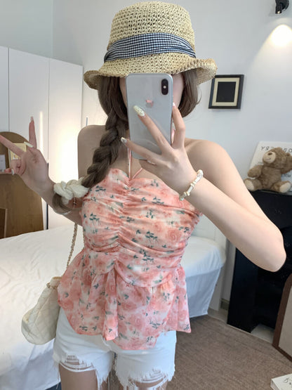 OOTDAY floral halter camisole, summer tie-back crop top, sweet girl knit tank, pink blue yellow camisole 2025, trendy slim-fit knit tops