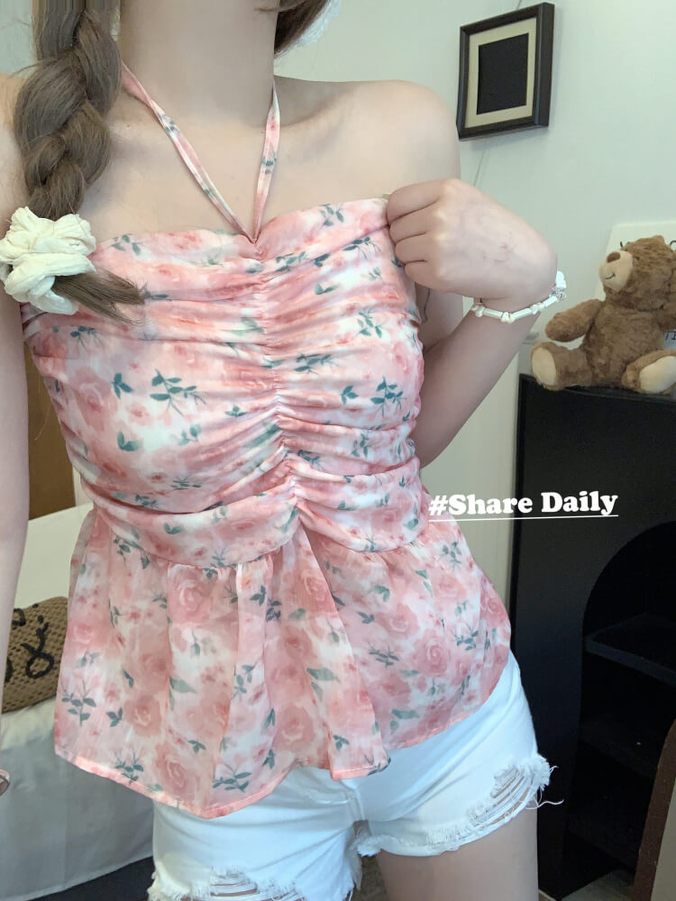 OOTDAY floral halter camisole, summer tie-back crop top, sweet girl knit tank, pink blue yellow camisole 2025, trendy slim-fit knit tops