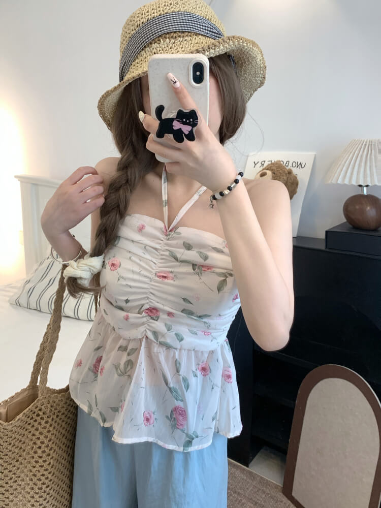 OOTDAY floral halter camisole, summer tie-back crop top, sweet girl knit tank, pink blue yellow camisole 2025, trendy slim-fit knit tops