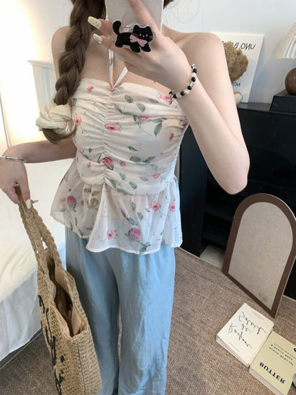 OOTDAY floral halter camisole, summer tie-back crop top, sweet girl knit tank, pink blue yellow camisole 2025, trendy slim-fit knit tops