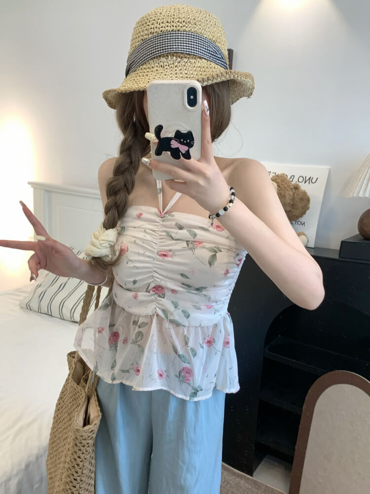 OOTDAY floral halter camisole, summer tie-back crop top, sweet girl knit tank, pink blue yellow camisole 2025, trendy slim-fit knit tops
