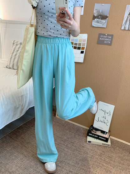 OOTDAY ice silk wide-leg pants, Japanese summer trousers for women, minimalist crinkle pants, high waist loose pants, pastel wide leg trousers 2025