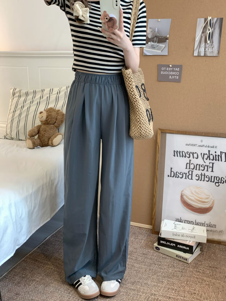 OOTDAY ice silk wide-leg pants, Japanese summer trousers for women, minimalist crinkle pants, high waist loose pants, pastel wide leg trousers 2025