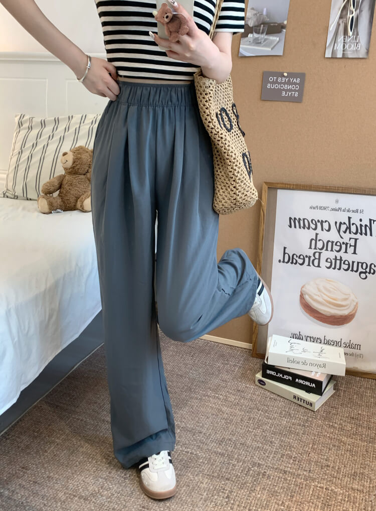 OOTDAY ice silk wide-leg pants, Japanese summer trousers for women, minimalist crinkle pants, high waist loose pants, pastel wide leg trousers 2025