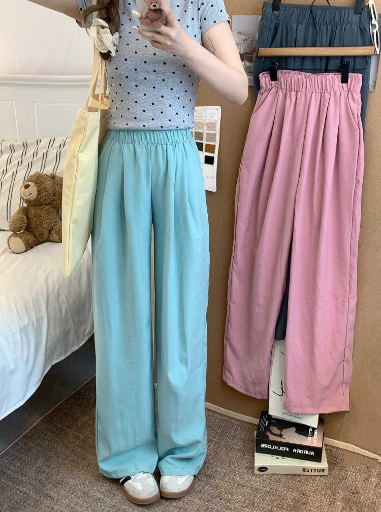 OOTDAY ice silk wide-leg pants, Japanese summer trousers for women, minimalist crinkle pants, high waist loose pants, pastel wide leg trousers 2025