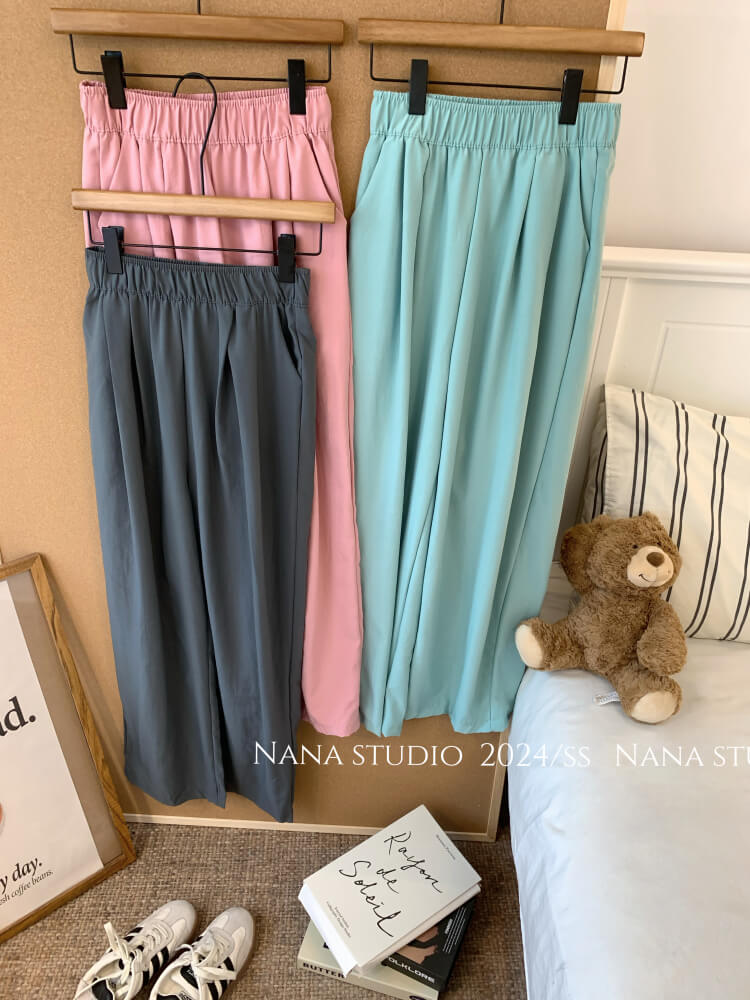OOTDAY ice silk wide-leg pants, Japanese summer trousers for women, minimalist crinkle pants, high waist loose pants, pastel wide leg trousers 2025