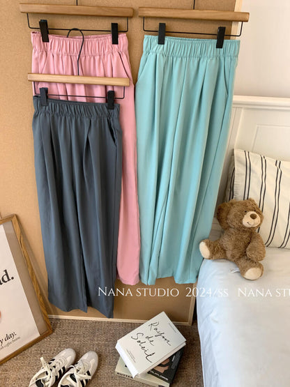 OOTDAY ice silk wide-leg pants, Japanese summer trousers for women, minimalist crinkle pants, high waist loose pants, pastel wide leg trousers 2025