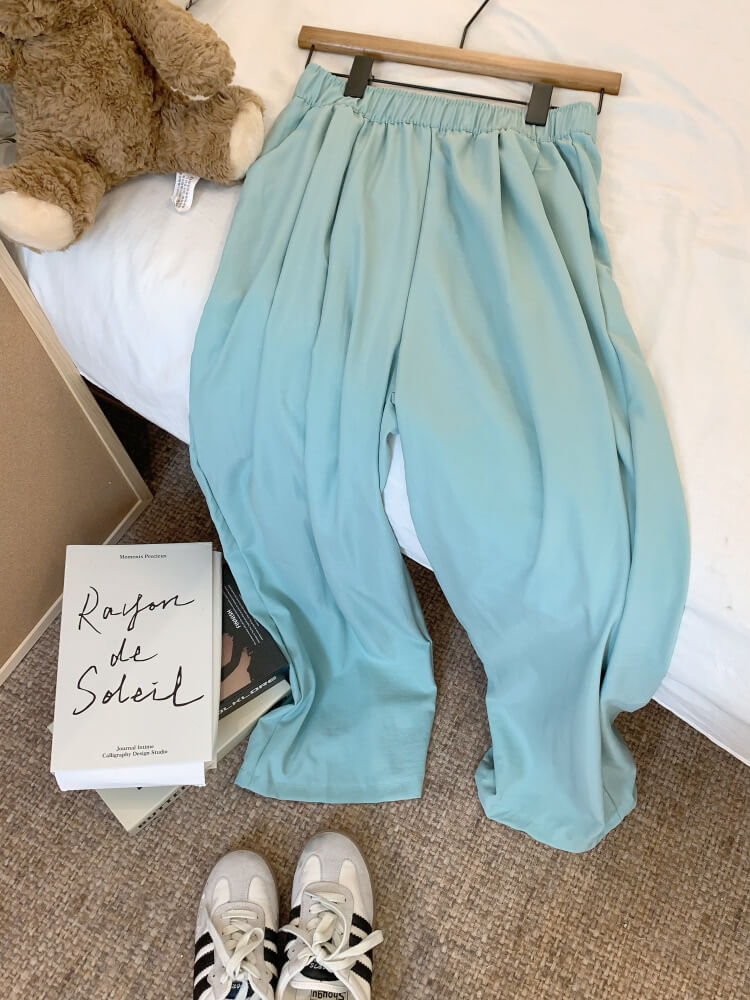 OOTDAY ice silk wide-leg pants, Japanese summer trousers for women, minimalist crinkle pants, high waist loose pants, pastel wide leg trousers 2025