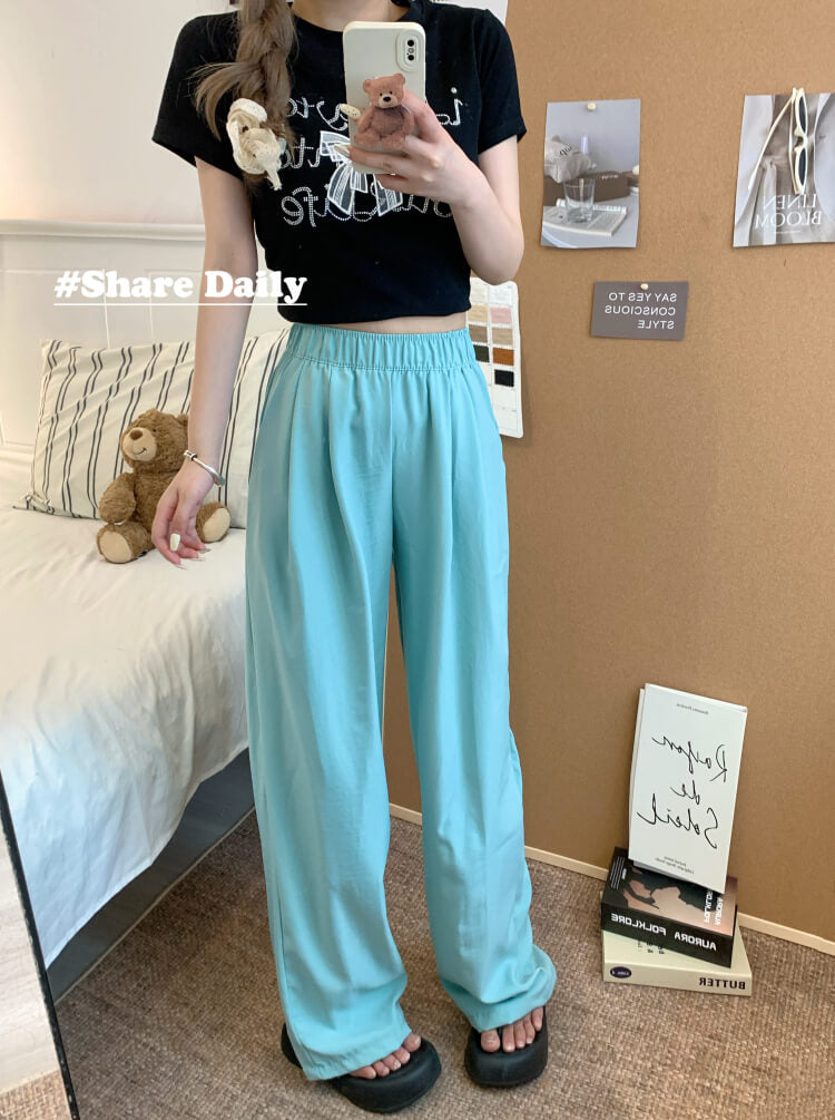 OOTDAY ice silk wide-leg pants, Japanese summer trousers for women, minimalist crinkle pants, high waist loose pants, pastel wide leg trousers 2025