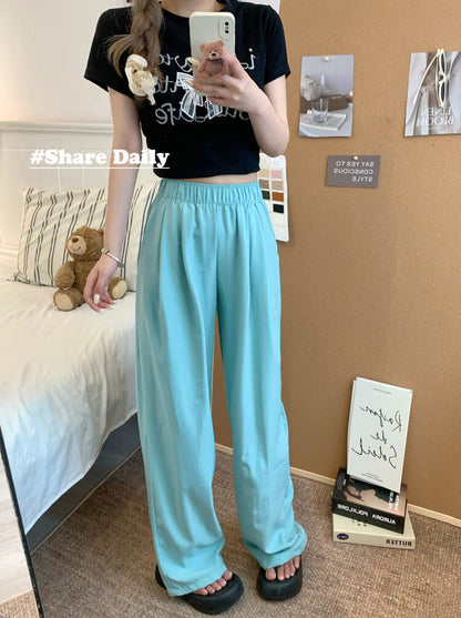 OOTDAY ice silk wide-leg pants, Japanese summer trousers for women, minimalist crinkle pants, high waist loose pants, pastel wide leg trousers 2025