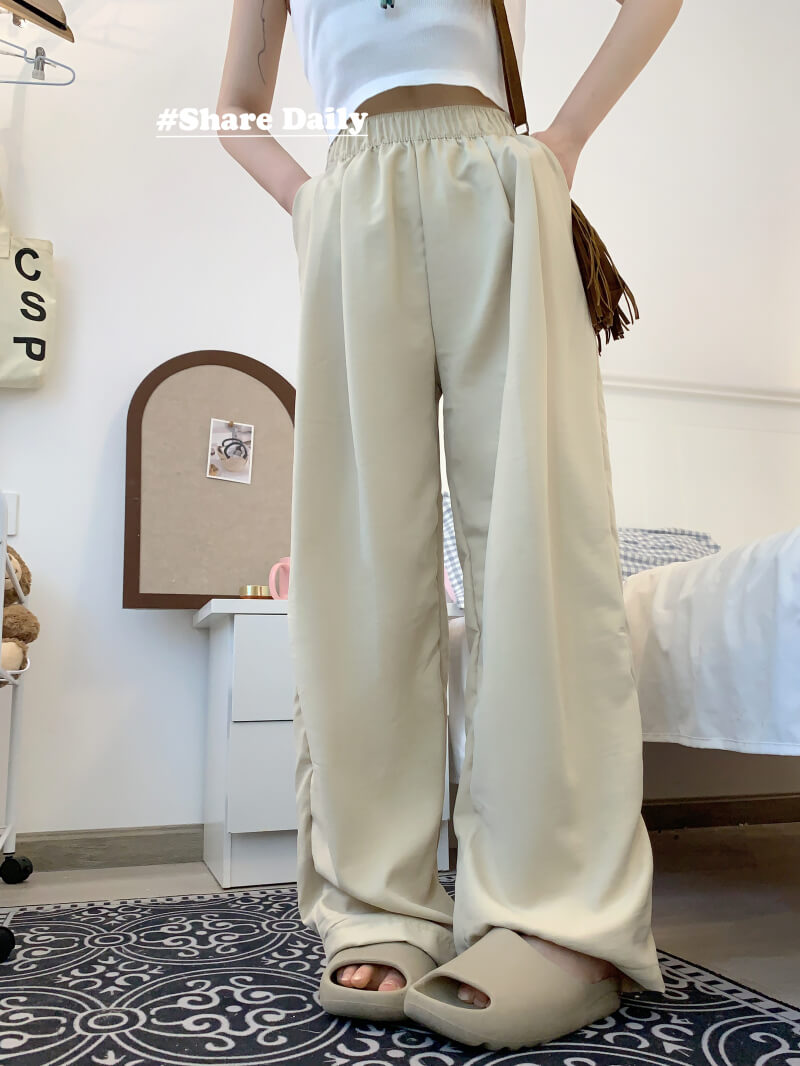 OOTDAY ice silk wide-leg pants, Japanese summer trousers for women, minimalist crinkle pants, high waist loose pants, pastel wide leg trousers 2025