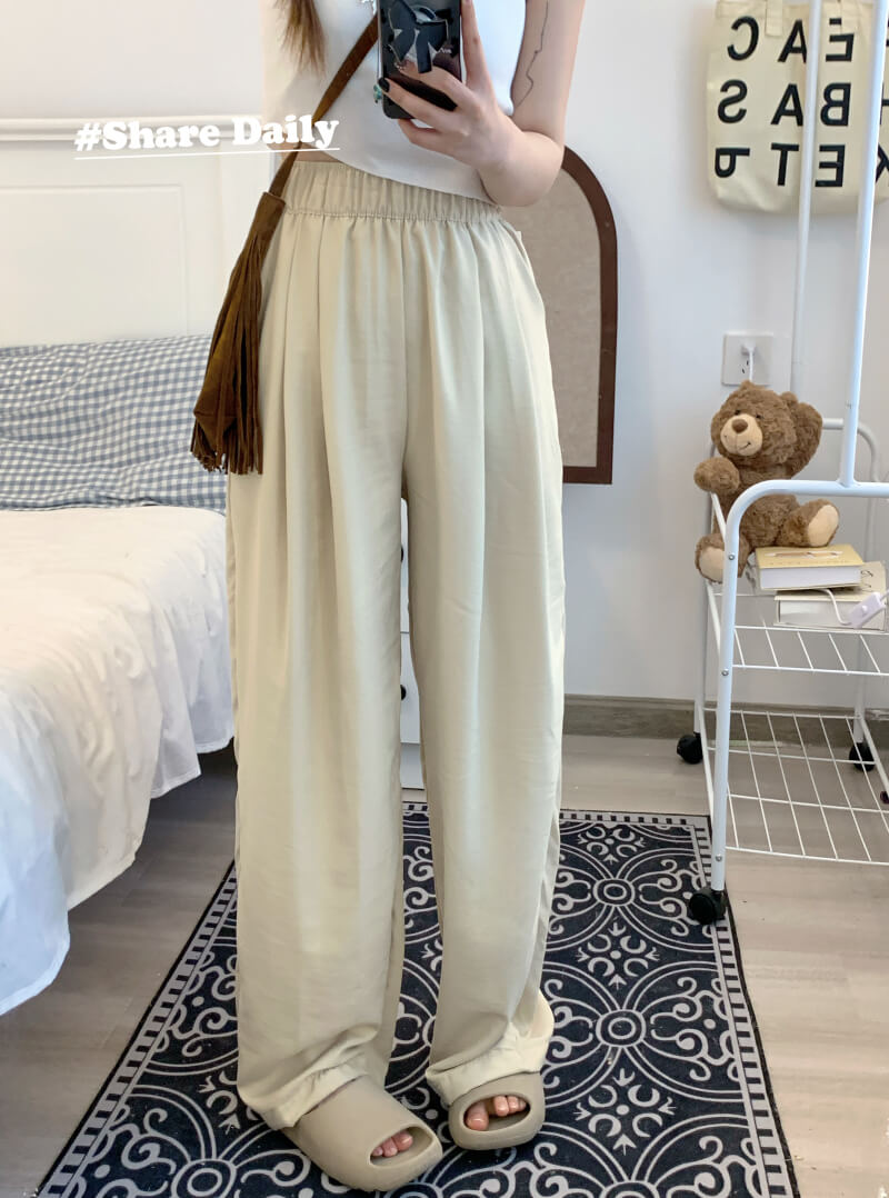 OOTDAY ice silk wide-leg pants, Japanese summer trousers for women, minimalist crinkle pants, high waist loose pants, pastel wide leg trousers 2025