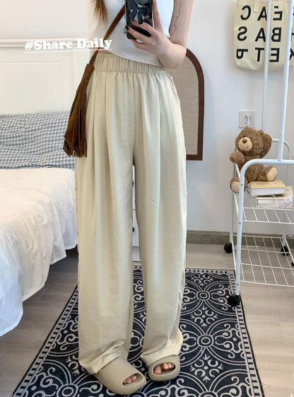 OOTDAY ice silk wide-leg pants, Japanese summer trousers for women, minimalist crinkle pants, high waist loose pants, pastel wide leg trousers 2025