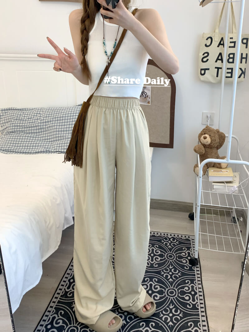 OOTDAY ice silk wide-leg pants, Japanese summer trousers for women, minimalist crinkle pants, high waist loose pants, pastel wide leg trousers 2025
