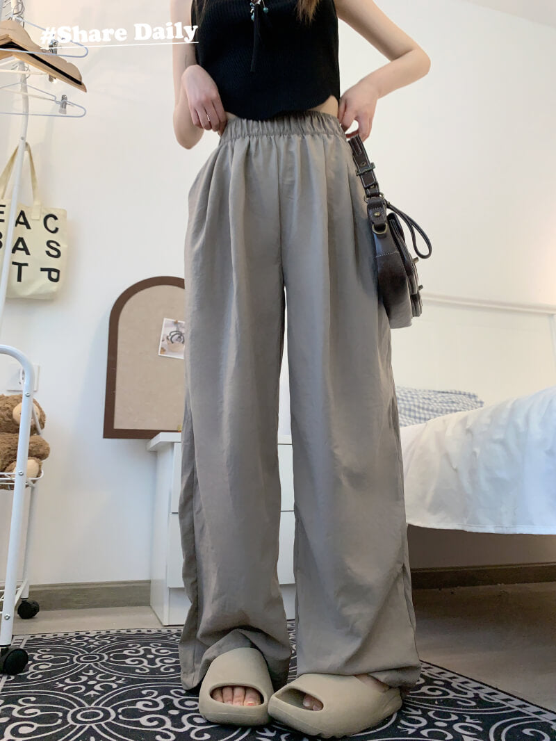 OOTDAY ice silk wide-leg pants, Japanese summer trousers for women, minimalist crinkle pants, high waist loose pants, pastel wide leg trousers 2025