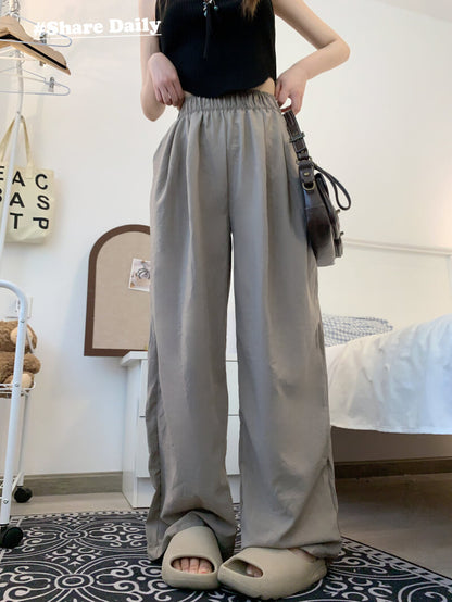 OOTDAY ice silk wide-leg pants, Japanese summer trousers for women, minimalist crinkle pants, high waist loose pants, pastel wide leg trousers 2025