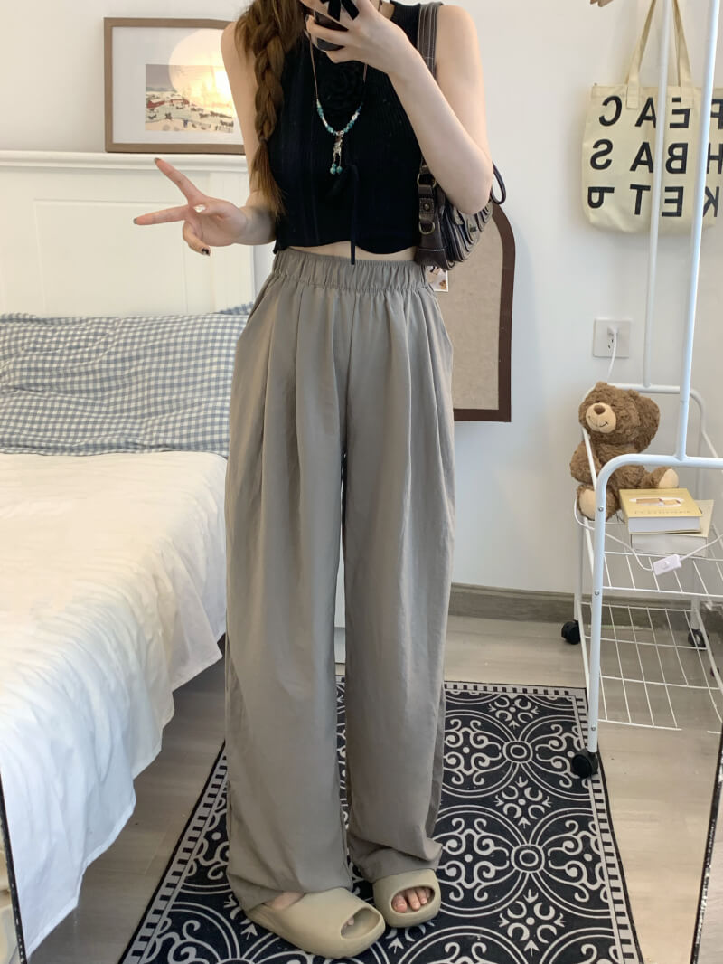 OOTDAY ice silk wide-leg pants, Japanese summer trousers for women, minimalist crinkle pants, high waist loose pants, pastel wide leg trousers 2025