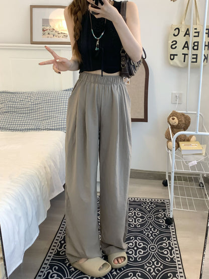 OOTDAY ice silk wide-leg pants, Japanese summer trousers for women, minimalist crinkle pants, high waist loose pants, pastel wide leg trousers 2025