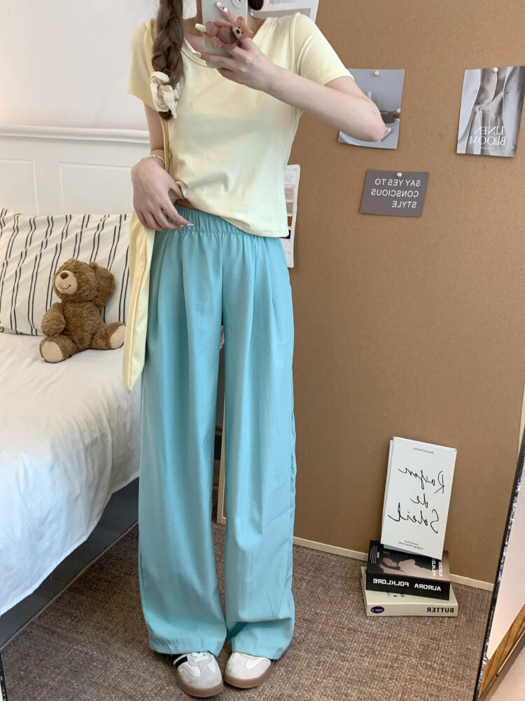 OOTDAY ice silk wide-leg pants, Japanese summer trousers for women, minimalist crinkle pants, high waist loose pants, pastel wide leg trousers 2025