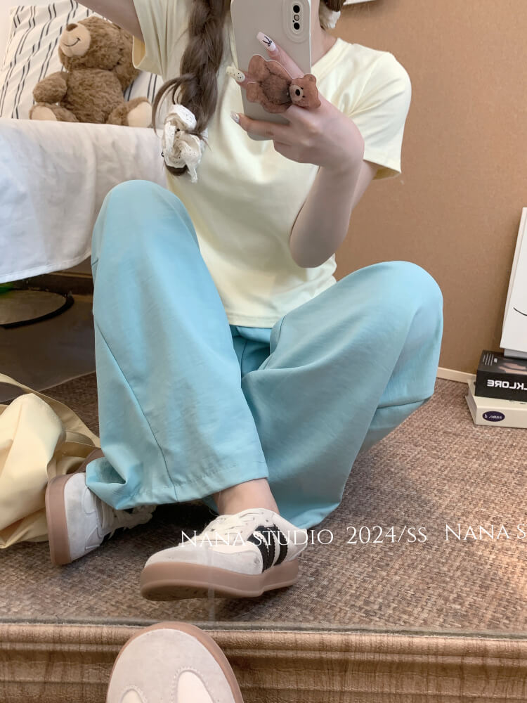 OOTDAY ice silk wide-leg pants, Japanese summer trousers for women, minimalist crinkle pants, high waist loose pants, pastel wide leg trousers 2025
