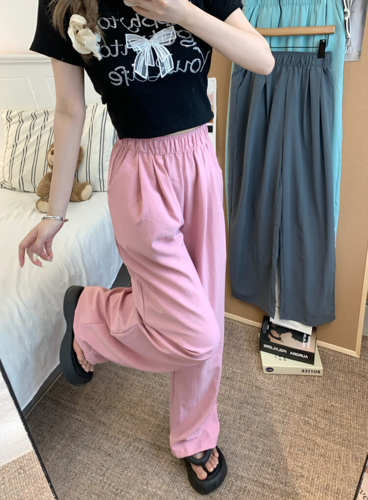 OOTDAY ice silk wide-leg pants, Japanese summer trousers for women, minimalist crinkle pants, high waist loose pants, pastel wide leg trousers 2025