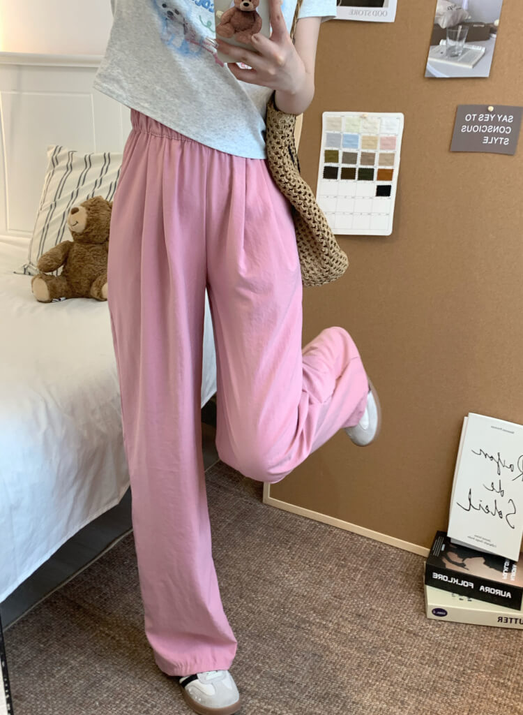 OOTDAY ice silk wide-leg pants, Japanese summer trousers for women, minimalist crinkle pants, high waist loose pants, pastel wide leg trousers 2025