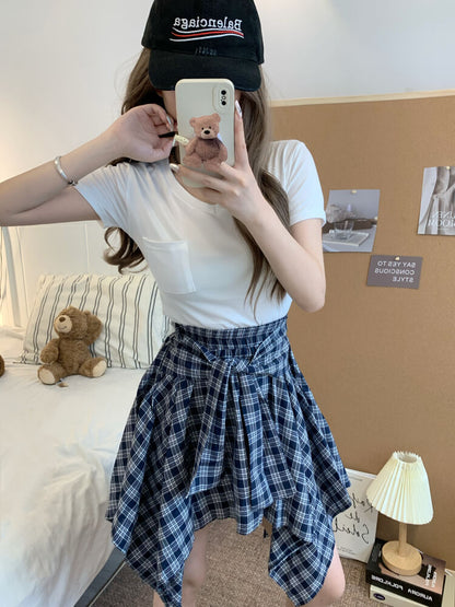OOTDAY plaid mini skirt, Korean summer skirt 2025, shirt tie wrap skirt, irregular hem plaid skirt, cute preppy skirt for girls
