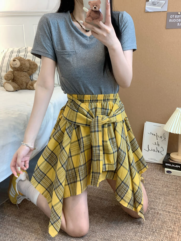 OOTDAY plaid mini skirt, Korean summer skirt 2025, shirt tie wrap skirt, irregular hem plaid skirt, cute preppy skirt for girls