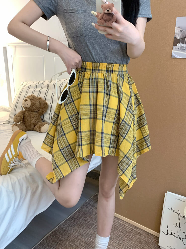 OOTDAY plaid mini skirt, Korean summer skirt 2025, shirt tie wrap skirt, irregular hem plaid skirt, cute preppy skirt for girls