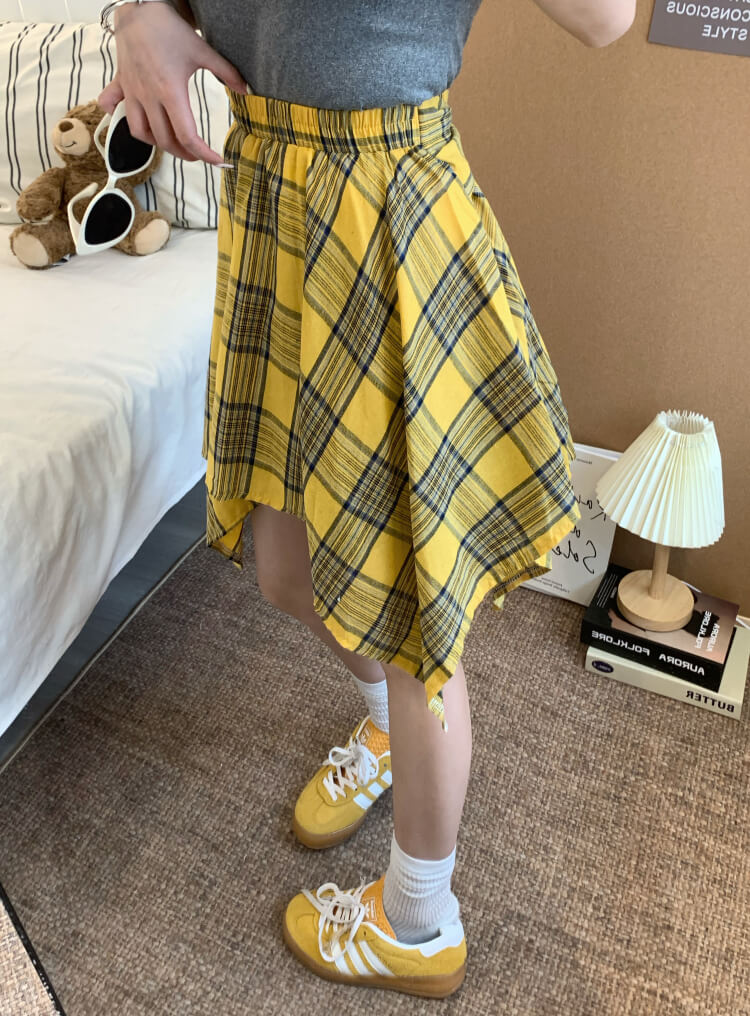 OOTDAY plaid mini skirt, Korean summer skirt 2025, shirt tie wrap skirt, irregular hem plaid skirt, cute preppy skirt for girls