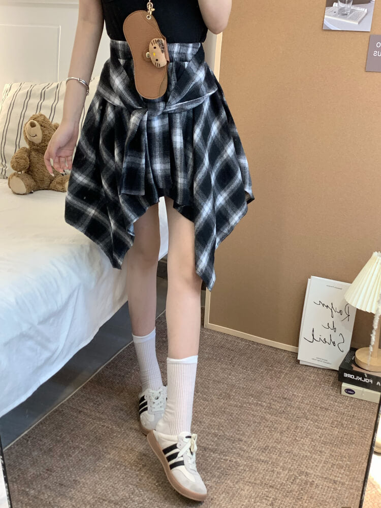 OOTDAY plaid mini skirt, Korean summer skirt 2025, shirt tie wrap skirt, irregular hem plaid skirt, cute preppy skirt for girls
