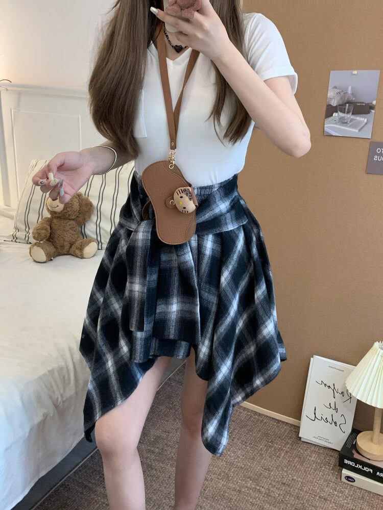 OOTDAY plaid mini skirt, Korean summer skirt 2025, shirt tie wrap skirt, irregular hem plaid skirt, cute preppy skirt for girls