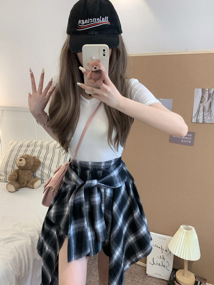 OOTDAY plaid mini skirt, Korean summer skirt 2025, shirt tie wrap skirt, irregular hem plaid skirt, cute preppy skirt for girls
