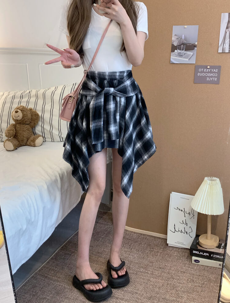 OOTDAY plaid mini skirt, Korean summer skirt 2025, shirt tie wrap skirt, irregular hem plaid skirt, cute preppy skirt for girls
