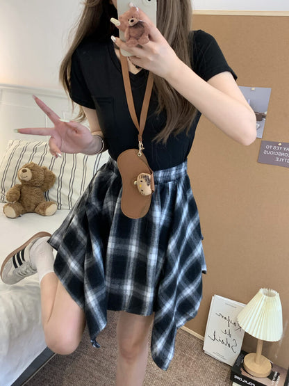 OOTDAY plaid mini skirt, Korean summer skirt 2025, shirt tie wrap skirt, irregular hem plaid skirt, cute preppy skirt for girls