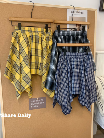 OOTDAY plaid mini skirt, Korean summer skirt 2025, shirt tie wrap skirt, irregular hem plaid skirt, cute preppy skirt for girls
