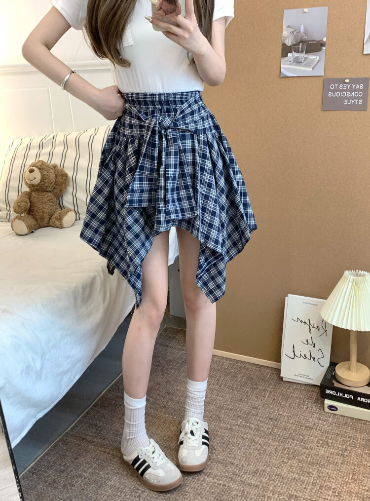 OOTDAY plaid mini skirt, Korean summer skirt 2025, shirt tie wrap skirt, irregular hem plaid skirt, cute preppy skirt for girls
