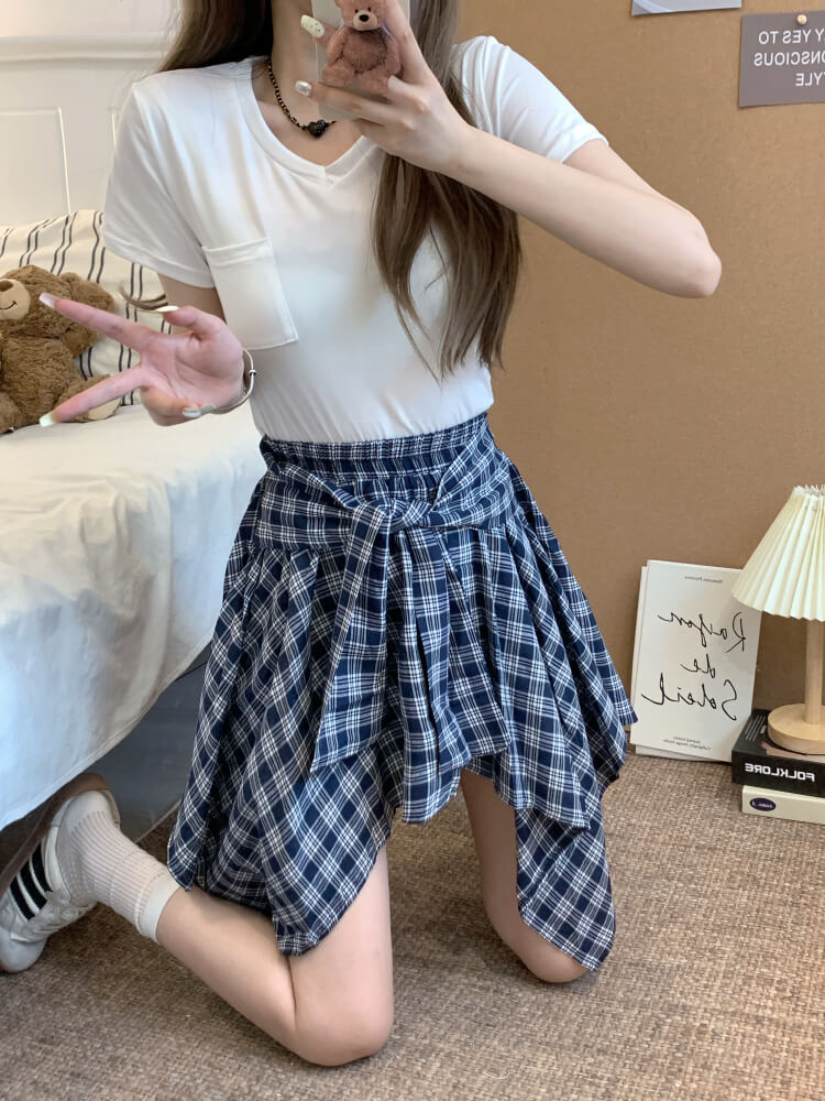 OOTDAY plaid mini skirt, Korean summer skirt 2025, shirt tie wrap skirt, irregular hem plaid skirt, cute preppy skirt for girls