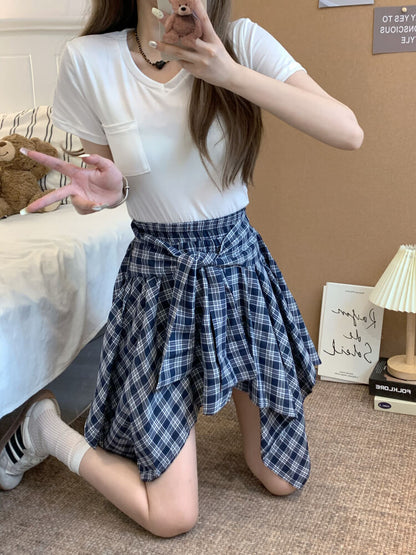 OOTDAY plaid mini skirt, Korean summer skirt 2025, shirt tie wrap skirt, irregular hem plaid skirt, cute preppy skirt for girls