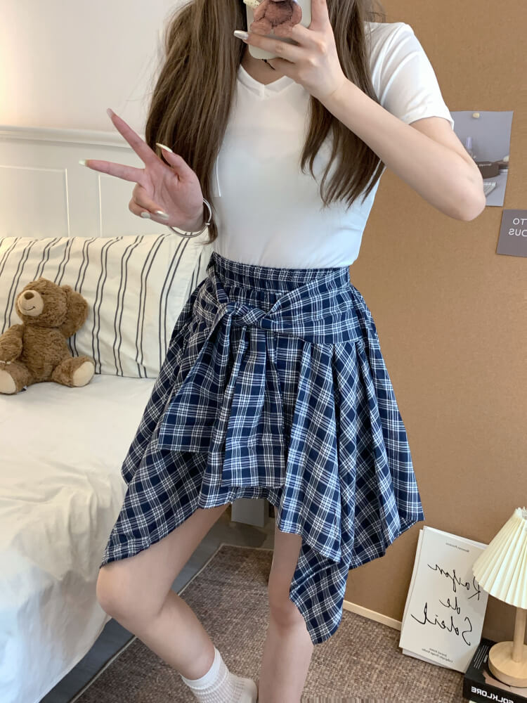 OOTDAY plaid mini skirt, Korean summer skirt 2025, shirt tie wrap skirt, irregular hem plaid skirt, cute preppy skirt for girls