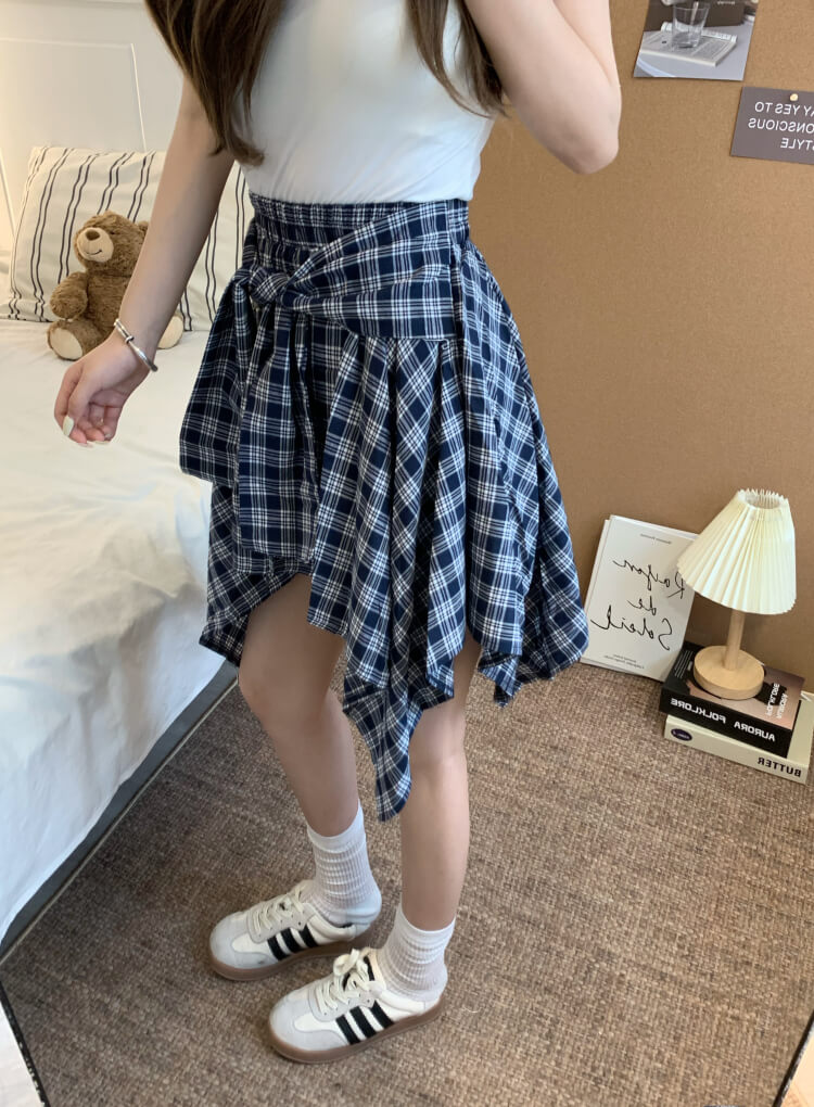 OOTDAY plaid mini skirt, Korean summer skirt 2025, shirt tie wrap skirt, irregular hem plaid skirt, cute preppy skirt for girls