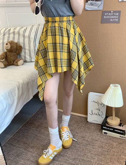 OOTDAY plaid mini skirt, Korean summer skirt 2025, shirt tie wrap skirt, irregular hem plaid skirt, cute preppy skirt for girls