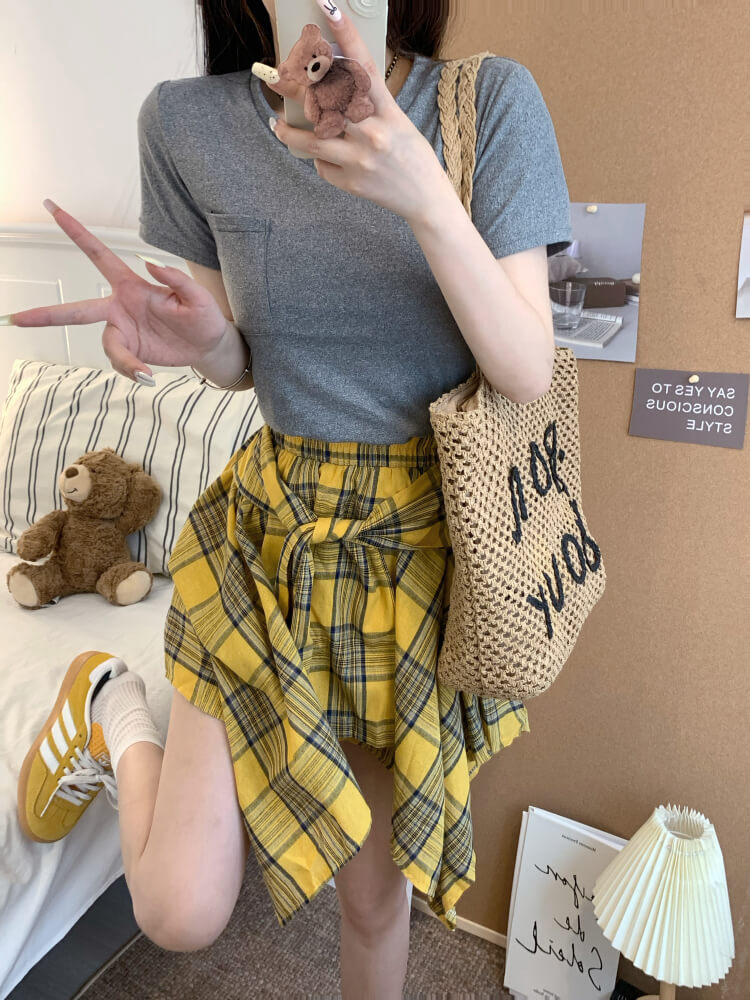 OOTDAY plaid mini skirt, Korean summer skirt 2025, shirt tie wrap skirt, irregular hem plaid skirt, cute preppy skirt for girls
