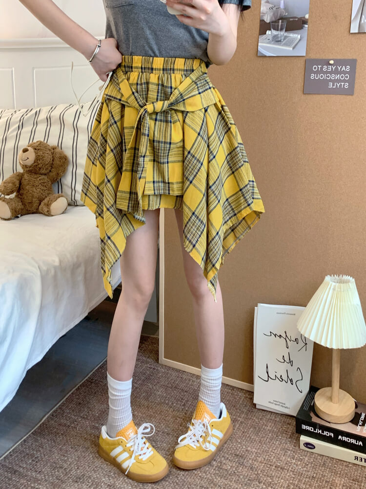 OOTDAY plaid mini skirt, Korean summer skirt 2025, shirt tie wrap skirt, irregular hem plaid skirt, cute preppy skirt for girls