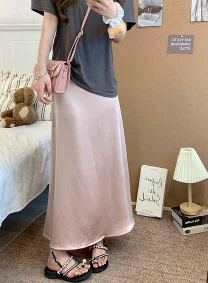 satin fishtail skirt set, acetate two-piece summer outfit, French elegant skirt and tee, high waist summer skirt, OOTDAY outfit