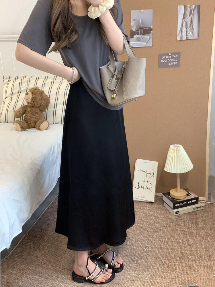 satin fishtail skirt set, acetate two-piece summer outfit, French elegant skirt and tee, high waist summer skirt, OOTDAY outfit
